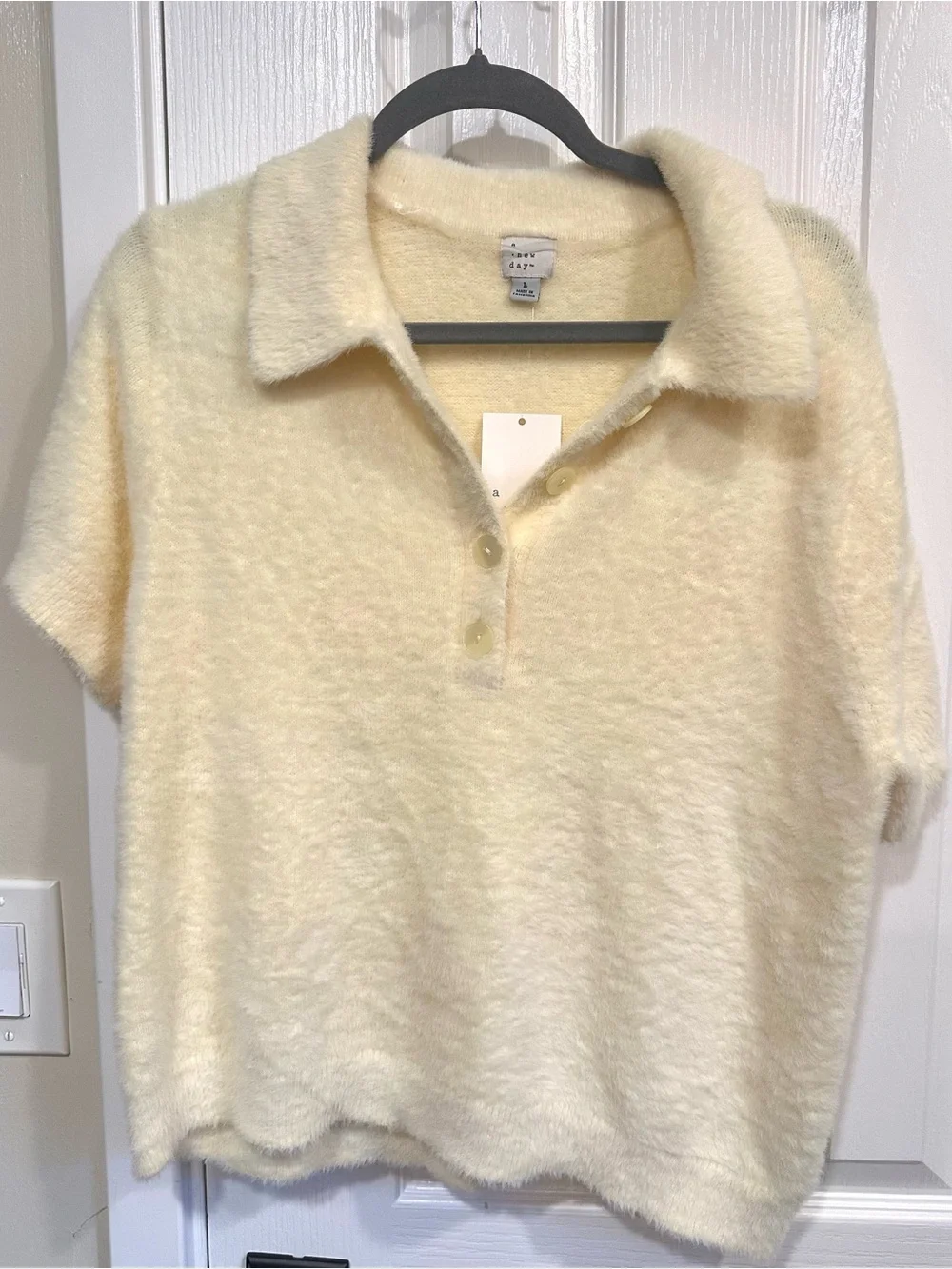 NWT A New Day Fuzzy Polo Sweater Top Butter Yellow Size Large - Picture 2 of 7